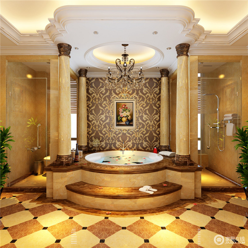 罗马柱加上圆形的浴缸设计让人仿佛穿越回古罗马的公共浴池，尽显欧式巴洛克繁美。马桶和淋浴间，和谐对称分布在浴缸两侧，带来细腻的平衡感。