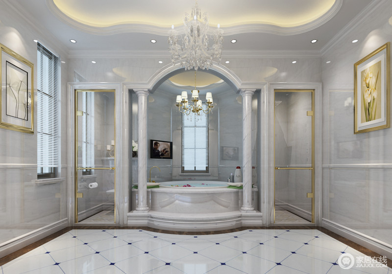 卫生间采用拱形门柱形式建造宫廷式卫浴空间，金色描线勾勒在玻璃窗上、挂画框架上，在华美的水晶灯、硕大的浴缸营造下，空间透露着皇家贵气的典范气质。
