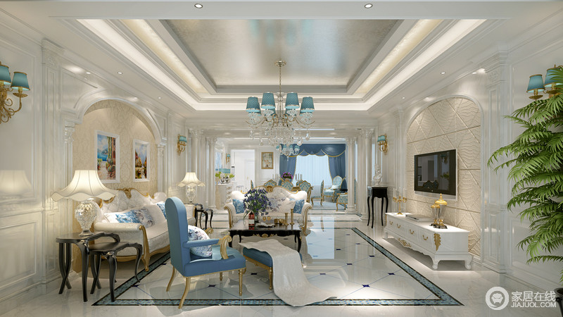 浅色系的轻盈明朗使客厅显得清新华美，天蓝色疏疏浅浅的点缀在软装配饰及家具中，提亮了空间基调，增添了鲜明的活力感。地板呈现交织的纹路，令空间颇具层次感。