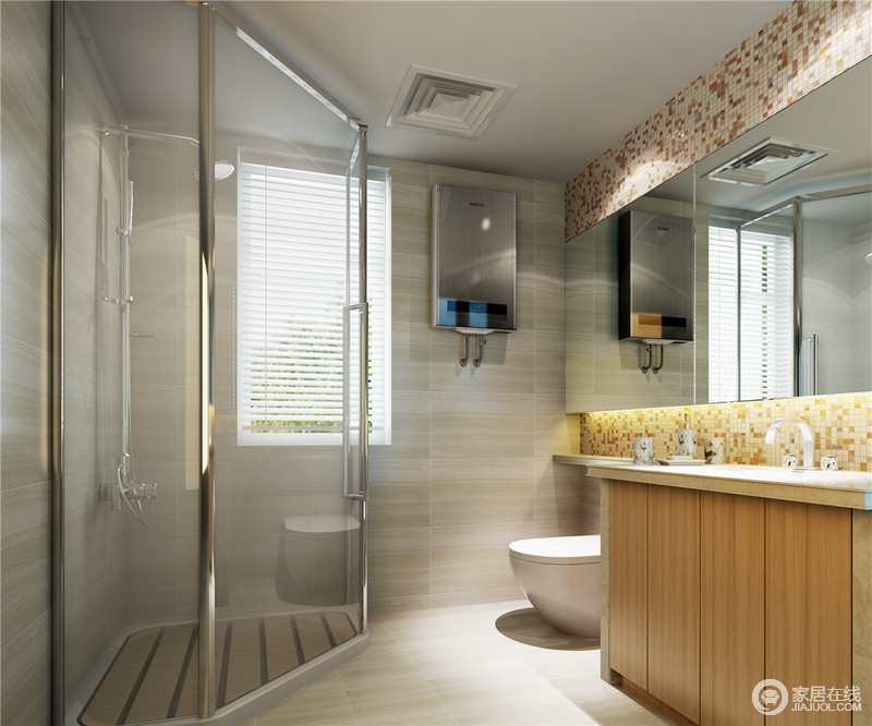 简约的卫生间里狭长型浴室镜折射着空间，使逼仄的空间扩展增容。马赛克背景砖墙在灯光的照射下，散发出流光。木质盥洗台与大理石地板完美搭配，玻璃隔断分隔出干湿区。