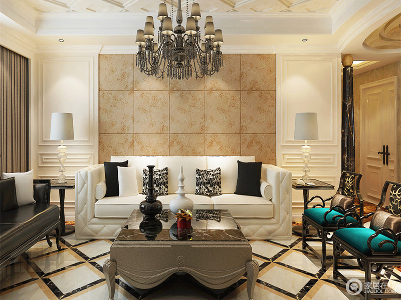 客厅应用对称布局，让空间充斥着设计语言；黑、白、蓝混合出富有朝气的生活气息。