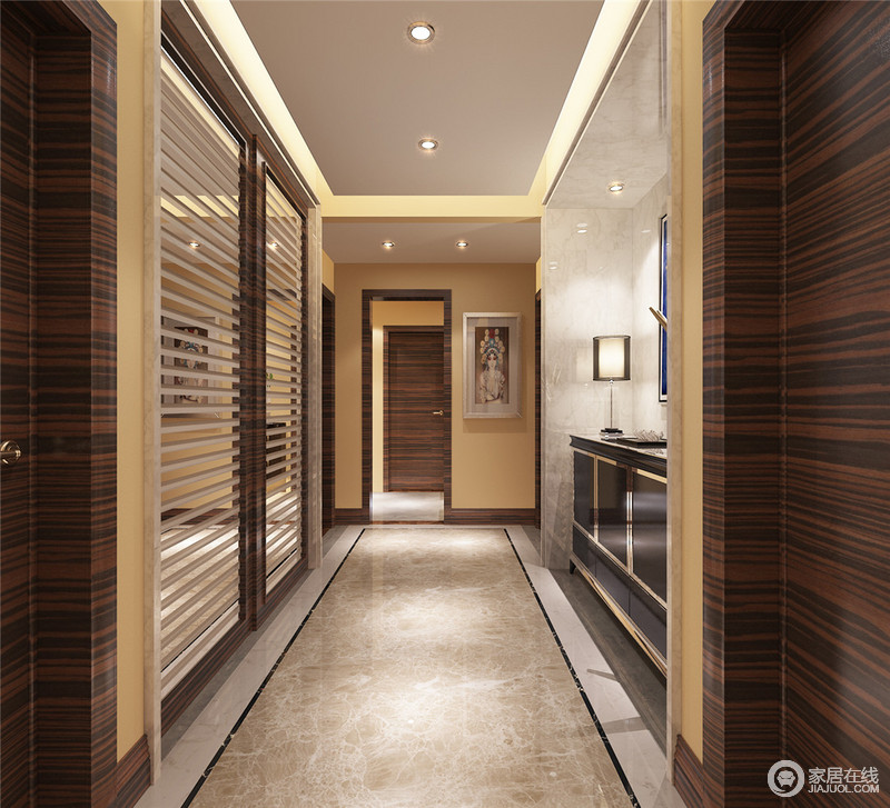 条纹棕褐色的木材被运用到家里的每个角落，搭配淡黄、石灰的色调，营造出走廊丰富的色彩层次性。百叶窗式的隔断，不但让空间通透起来，也加强空间与空间的交流互动。