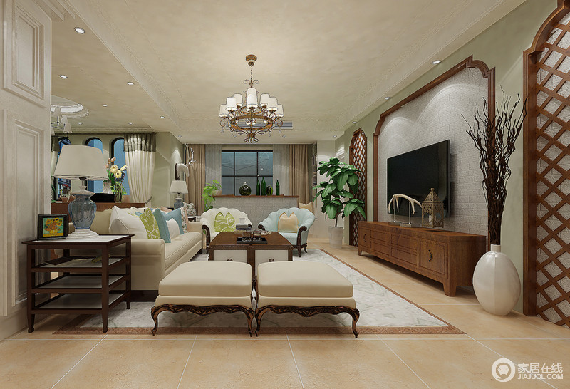 电视墙运用实木跟白色理石结合，层次分明，主次得当；乳白色美式沙发搭配色彩靠垫让客厅不乏活力与底蕴。