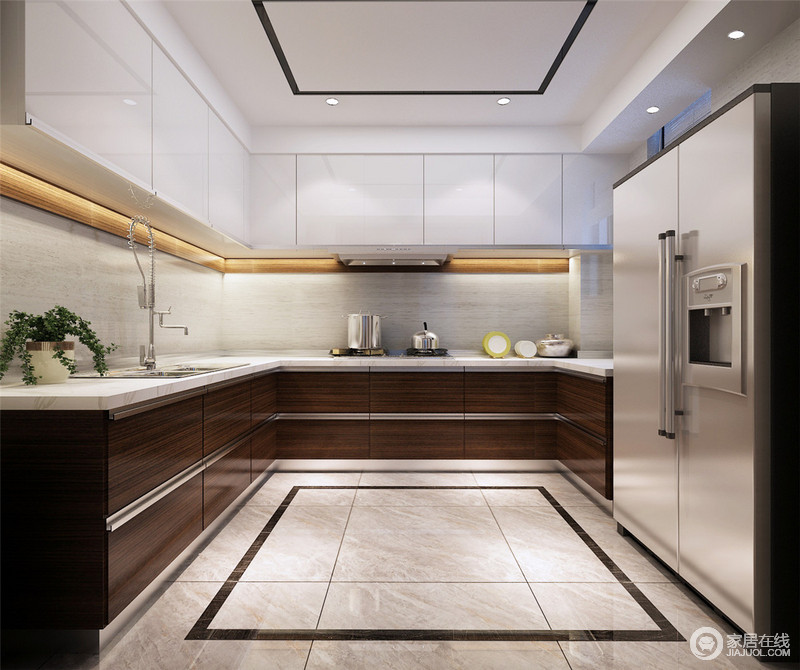 厨房以现代凝练设计来满足空间的收纳实用性与美观度；通过褐色橱柜与白色悬挂柜的色彩反差构成层次感，在几何砖面的装饰下，愈显生活质感。