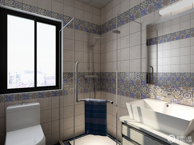 卫生间的墙砖以灰驼色和紫色图案砖搭配的方式，铺贴出些许复古；角落的淋浴室与盥洗区以不同、分明的功能，让生活更有条不理。
