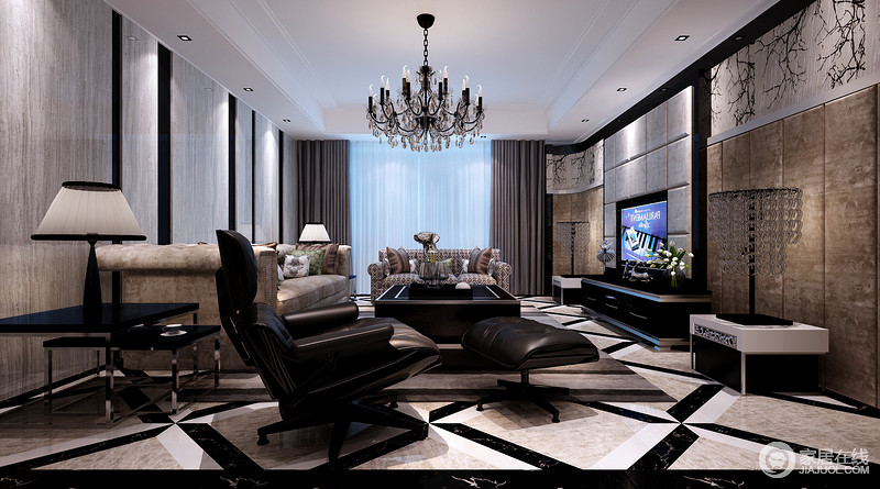 黑白两色大理石地面相互映衬，再加上家具和软饰的和谐统一，使得整个空间时尚简约但又不失奢华。