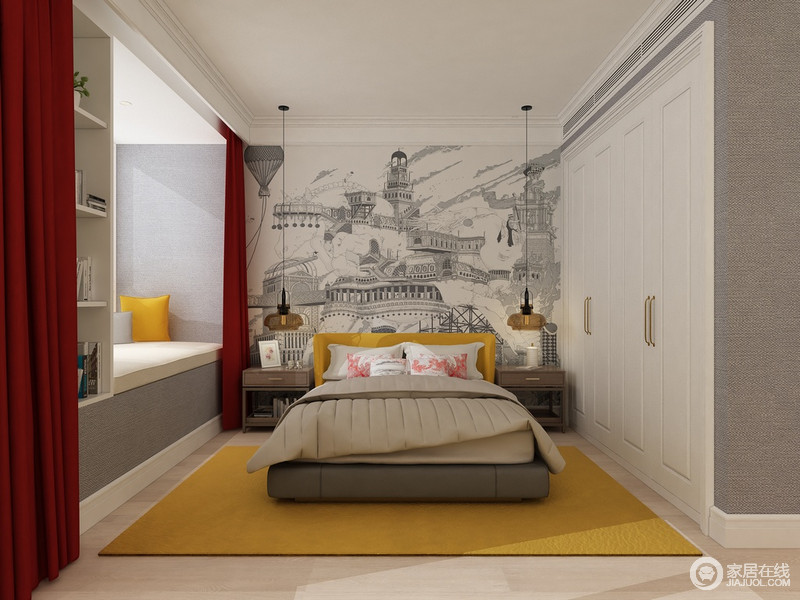 黑白彩绘墙美妙惟肖，展示了欧式建筑的演变历程，也显现着艺术哲学，并因对称的悬挂台灯和边柜奏响美学平衡；黄色床头和地毯添抹了太阳般的明媚，令卧室温馨暖意。