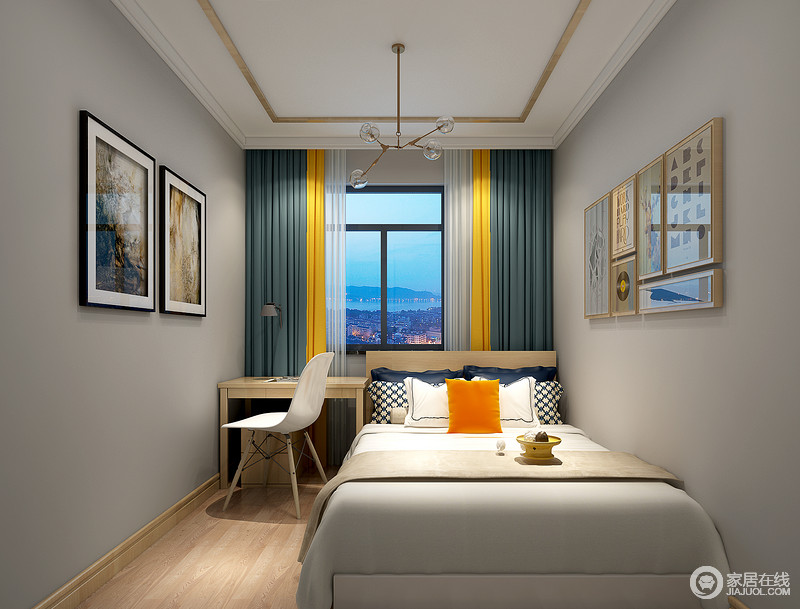 卧室以前灰色漆粉刷墙面，与白色几何吊顶构成一种对比关系；蓝黄色的窗帘给予空间色彩感，与软床形成一种新的格调，让生活格外温馨。
