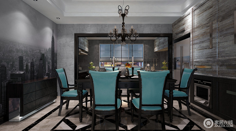 在餐厅使用了3D壁纸，使整个空间丰富而细腻，仿如在另一个国度；亮蓝色餐椅鲜艳地色调平分了灰色的氛围，形成抢眼而时尚的空间。