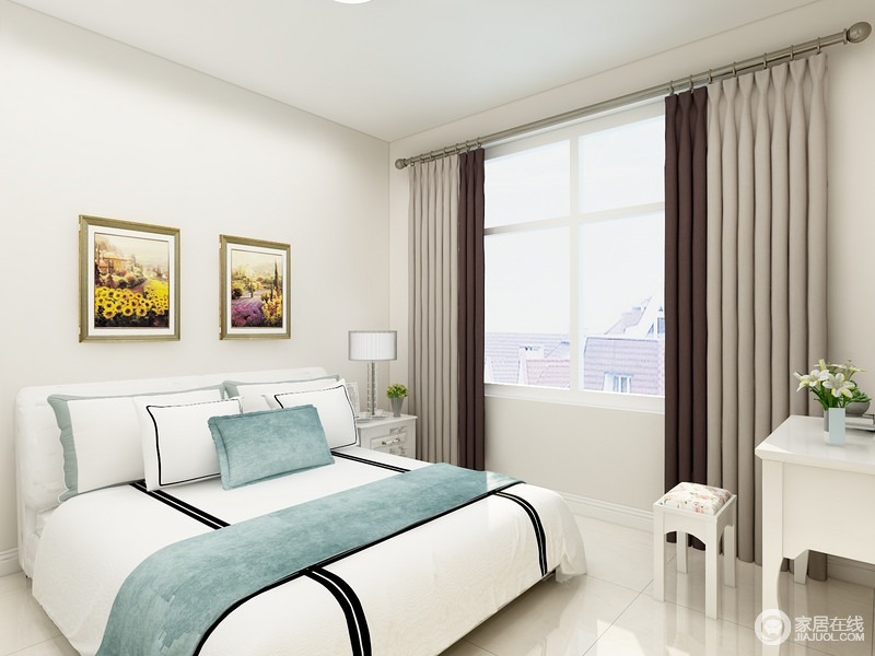 卧室线条简单，白色粉刷的墙面让空间多了份纯静，白色床品因为蓝色毛毯多了些轻快，搭配白色简欧家具，构成大气。
