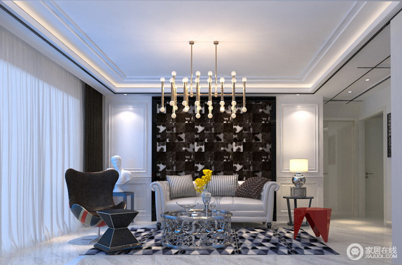 空间展现黑白经典，强调家居细节装饰，不同风格的沙发、椅凳，混搭在斑驳褐色背景墙与马赛克地毯之间，呈现出极具后现代主义的设计节奏，客厅也由此变得富含张力和无限创造性。