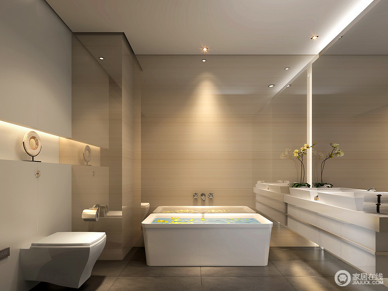 卫生间墙面采用米黄拼接灰白，大面积的浴室镜及转角镜面，放大扩展了空间视觉，使简洁的空间显得更加阔朗；搭配白色的洁具，赋予空间更加清爽的干净整洁。