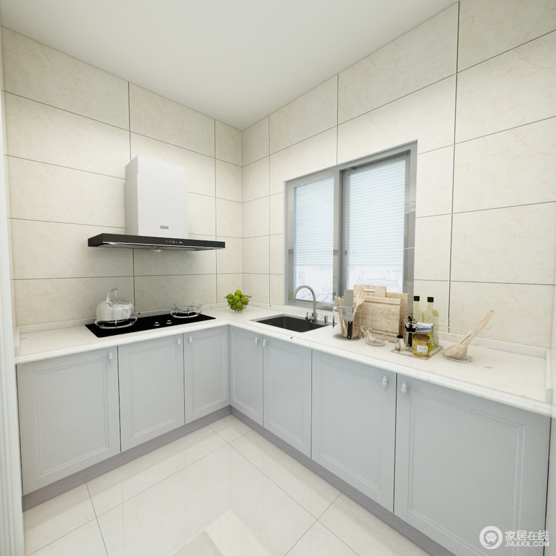 厨房十分方正，米色墙砖大块式铺贴，让墙面更具线条简洁；白色橱柜以L型设计增添空间的实用性，同时，让空间更显宽敞。
