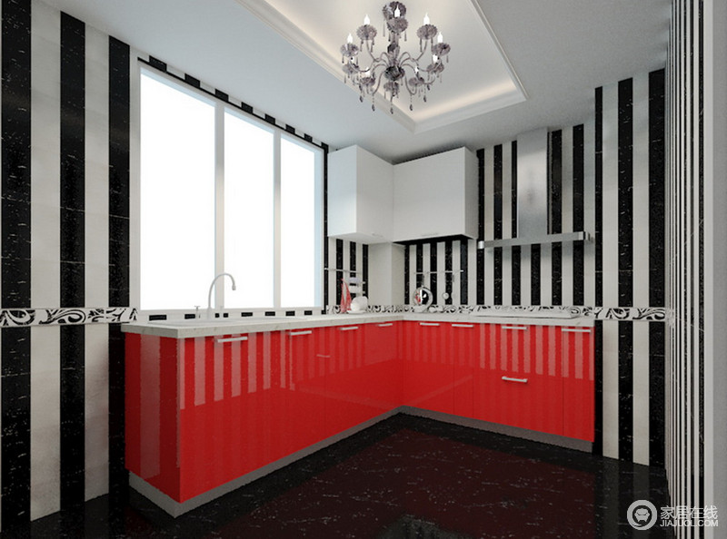 将厨房的烟火之气隐没在黑白跃动的条纹中，最亮眼的当属红色壁面的L型橱柜，在设计师的大胆搭配下，整个厨房空间散发着时尚秀场里的时髦气质。