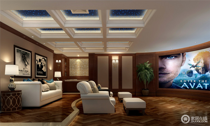 影音室整体以褐色为主，为了改变空间氛围，将白色沙发添置在此，中和出一个大气的空间；方形几何体吊灯不仅突显出设计的多变性，更体现着艺术的可变性。