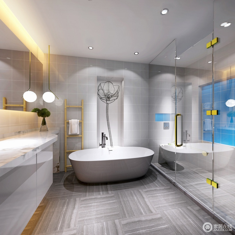 灰色调的卫浴间有着无限的优雅，砖石不同的纹理呈现了现代设计丰富的艺术性；黄色毛巾架简约、个性的圆形吊灯与白色盥洗台以简洁之美，更显质感。