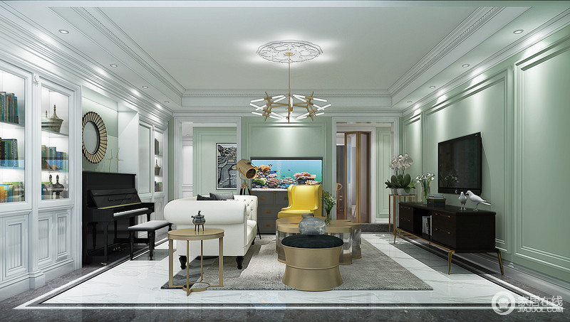 客厅设计具有简欧风格的大气典雅，同时带些许时尚简约感；墙体用清新的颜色搭配明快色彩的家具让整个空间活泼，接近自然。