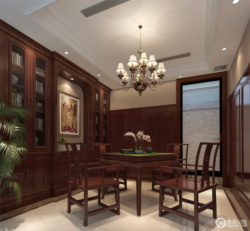 整体空间以褐木为主，从书柜、中式座椅都彰显出中式设计的古意幽香，花器小摆件更是添置了一份淡淡的禅意。