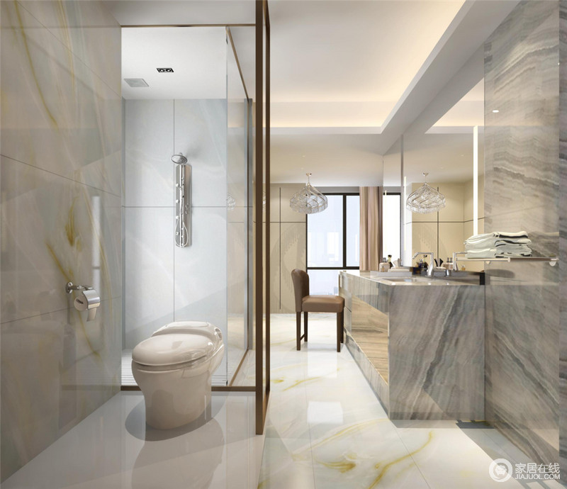 卫浴间设计师利用大量使用钢化玻璃、不锈钢等新型材料作为辅材，与大理石等其他石材配合，打造出一个线条简约、实用舒适、前卫、不受拘束的空间。