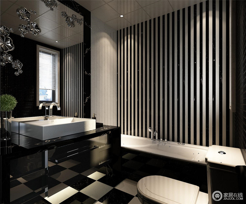 黑白的经典色调组合，在条纹与格纹的墙、地面的碰撞中，以时尚的姿态赋予空间视觉冲击力；大面积的浴室镜放大空间的格调，银色贴花柔美营造，低调酷感的简约空间不乏趣味细节。