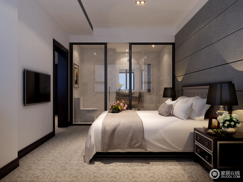 中性调的卧室虽显得平淡，但是强大地实用性爆发出强劲地能量，让休憩时光也是轻松自在的。