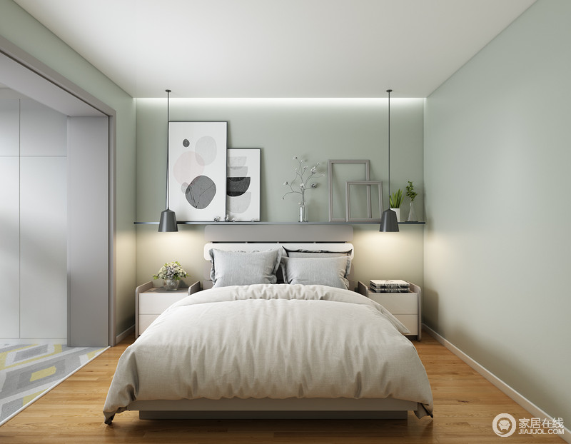 卧室因为浅绿色漆让空间多了自然清和，对称的白色床头柜搭配黑色吊灯，张扬现代艺术的同时，裹挟着灰色床品，造就了生活朴素和时尚。