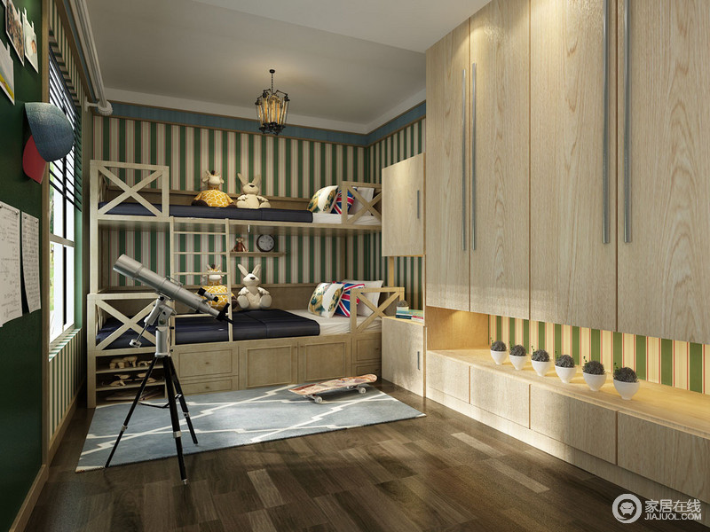 儿童房采用绿白条纹铺陈背景空间，加上原木色的上下床和衣柜，带来生趣盎然的自然生命力和朝气活力。墙面上张贴深绿色的墙板，用于日常的学习和生活提醒。