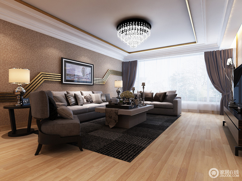灰色系的沙发组合奠定了空间中现代贵族范儿，木质将一丝清晌装点在空间，与圆形水晶吊灯减缓了空间中的深沉。