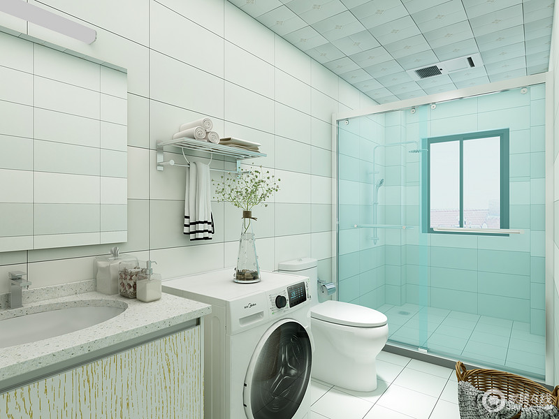 卫生间整体给人的感觉就是干净整洁，白色的卫浴配上白色的地砖墙砖，让空间的视觉感受变得不那么拥挤，干湿分离的设计很好的分出空间的功能划分。