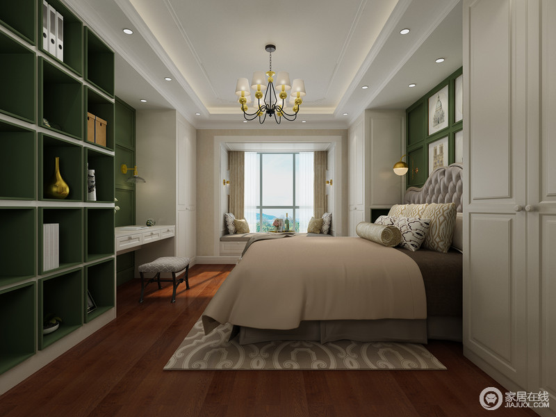 卧室整体的家具都采用定制化设计，从空间面积到功能需求，都做了细化，只为主人能够生活得舒适、温馨。