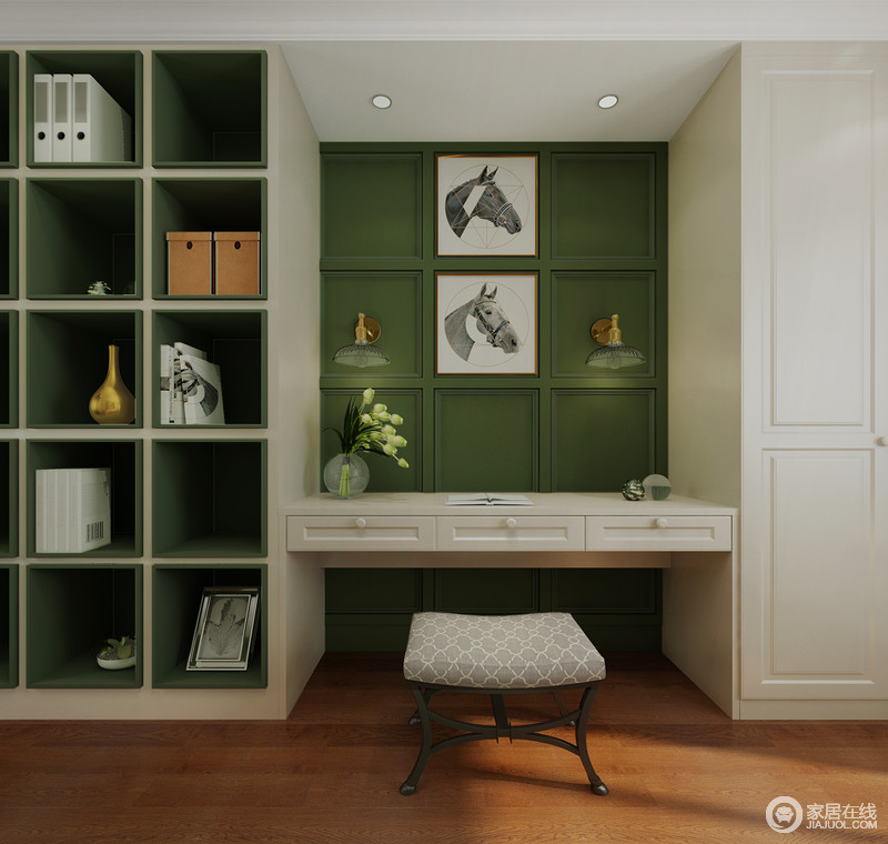 卧室内除了休息室之外，设计师还特地为主人增加了一个阅读的地方，定制得书桌，搭配几何书柜，因为绿色板材的使用，让空间多了一份生机和清新。