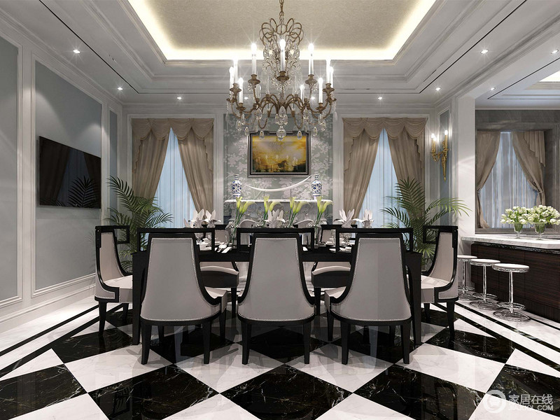 经典黑白地板强调了空间的视觉焦点，半裹式黑边灰面的餐椅仿佛是地板的延展，黑白餐桌上晶莹剔透的器具与花艺带来雅致的格调，空间氛围如同疏影的花纹优雅从容。