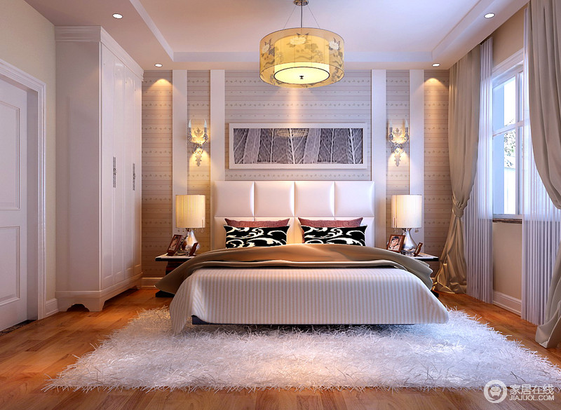 白色毛茸茸的长粒地毯带来柔软的暖意，与莹白的软包床头营造卧室空间的舒适性。花色靠包与条纹布艺、条纹花点壁纸增加空间视觉的缤纷感，花朵造型的壁灯增加了浪漫点缀。
