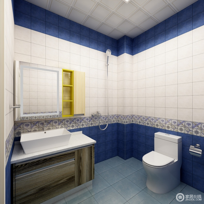 卫生间的墙砖以蓝色、白色和花砖拼接的设计，演绎异域特色，张扬一份地中海的清爽；盥洗柜和收纳柜解决了储物的需求，让生活足够简单。