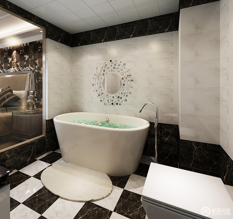 卫生间以黑白拼接的方式将墙砖铺贴出经典而时髦的效果，让简洁的空间多了几分艺术生机；黑白拼接的地砖以色彩筑就现代卫浴时光，浴缸区的防滑毯不是温馨和实用。