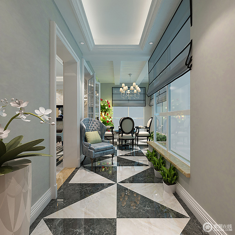 走廊中利用黑白三角形拼贴出充满幻觉的地面，张扬着古典的摩登，却演绎着现代生活的精奢；一把曲线感优美的新古典餐椅看上去保持着优雅和宫廷范儿，展现出新的活力。