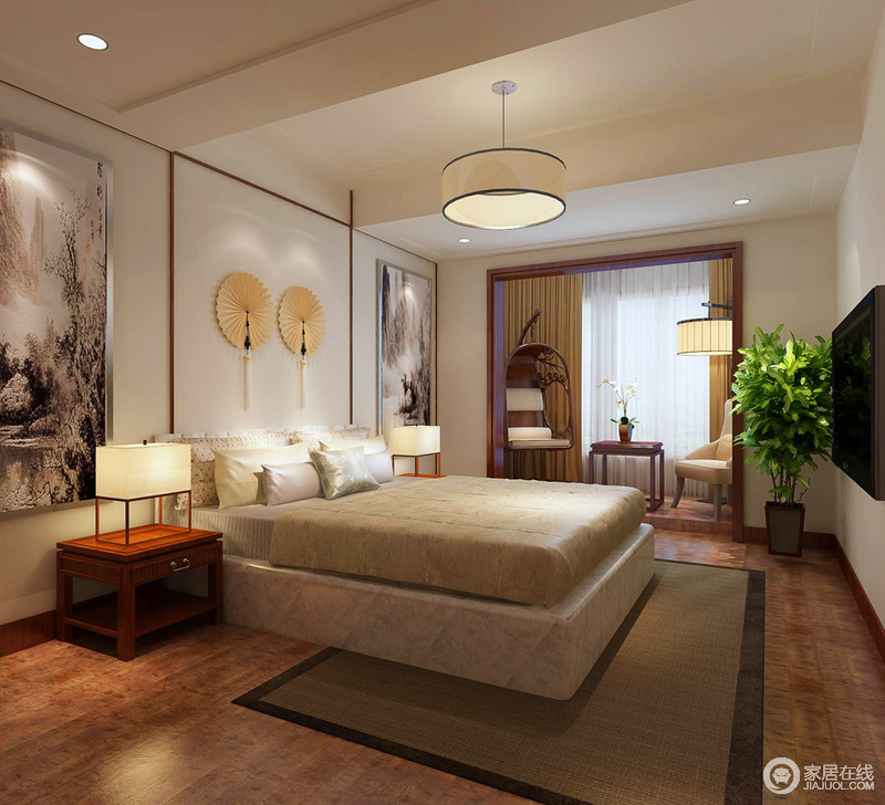 中式的风骨在于适宜的内敛及恰好的张扬，卧室将汉唐遗韵及日式风雅融合于一体，回归到中古时代的优雅和谐，营造一种内心平和的休憩空间氛围。