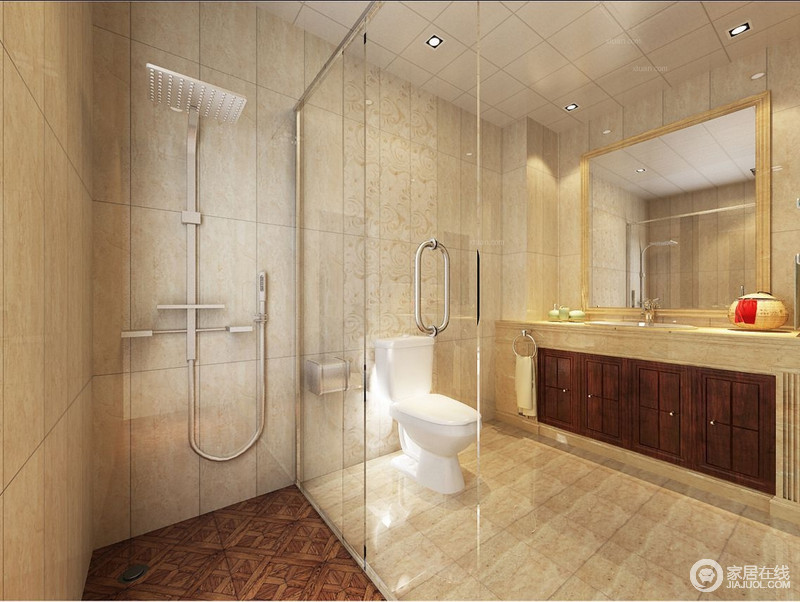 卫生间摒弃一切装饰，以极简的风格通过透明玻璃形成干湿分区，但是简约却不简单；淋浴区特意使用了褐色花纹砖，色调与盥洗台柜面保持一致。