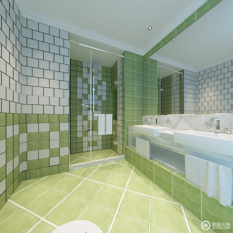 卫生间里白、绿色方砖以拼接、点缀方式铺陈，清新的氛围极具视觉冲击力，将空间充满了活力。盥洗台被垫高，使容易落入灰尘的底部整洁卫生，玻璃淋浴房有效分割空间的干湿区域。