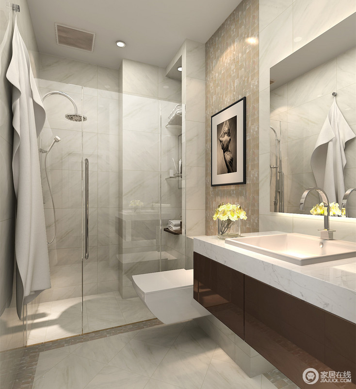 现代感的卫浴空间里，大理石砖显得大气简约。玻璃材质和马赛克砖分别划分空间和强调功能区域背景。马桶与盥洗台的悬空设计，便于下方的清扫，保持空间的整洁性。