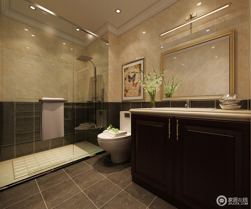 卫生间采用拼接的形式，制造视觉上的活泼感。暖黄与深棕，一深一浅，对比之中调和了空间上的单调感。玻璃隔离的淋浴房，划分干湿区域，保证空间上的干燥清洁。