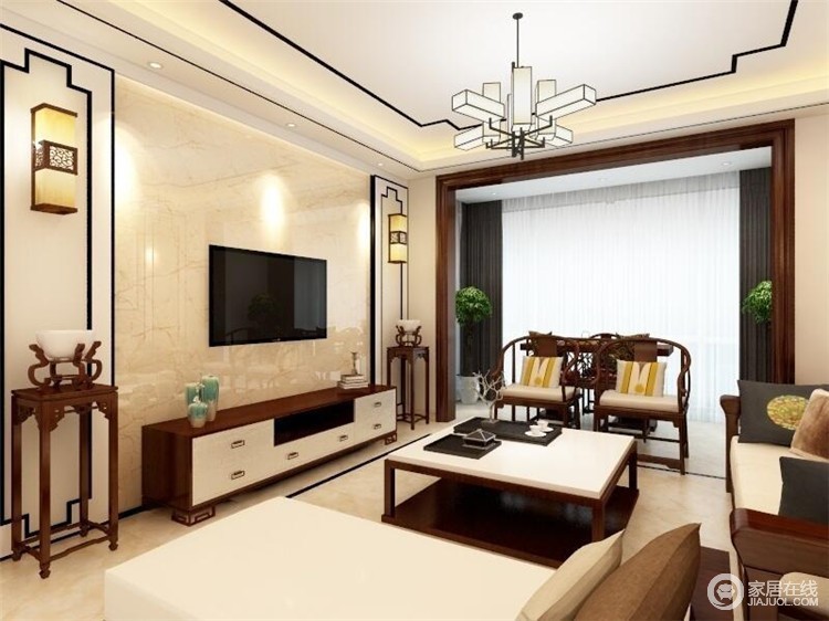 中式元素的客厅与现代材质的巧妙兼柔，唐宋家具、明清窗棂、布艺床品相互辉映，让整个空间释放着东方温暖。