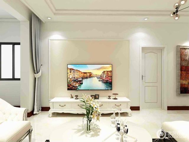 背景墙简单的几何效果，搭配简欧电视柜，让空间清浅大气。