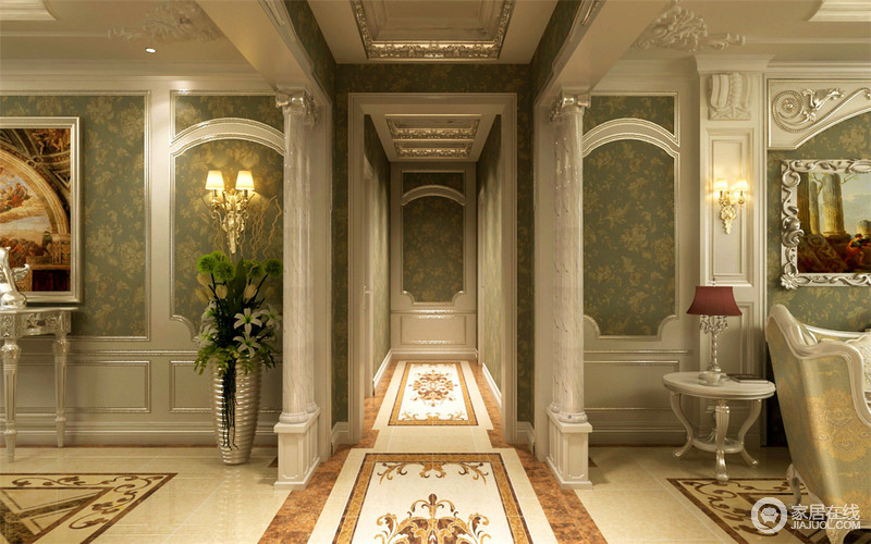 富有情调的新古典空间里，走廊与功能区相连的欧式廊柱镶满雕花，细腻精致中呈现高雅恢弘。铺陈的深绿印花壁纸与地板上的花纹，无形中彰显缱绻的大方柔美。