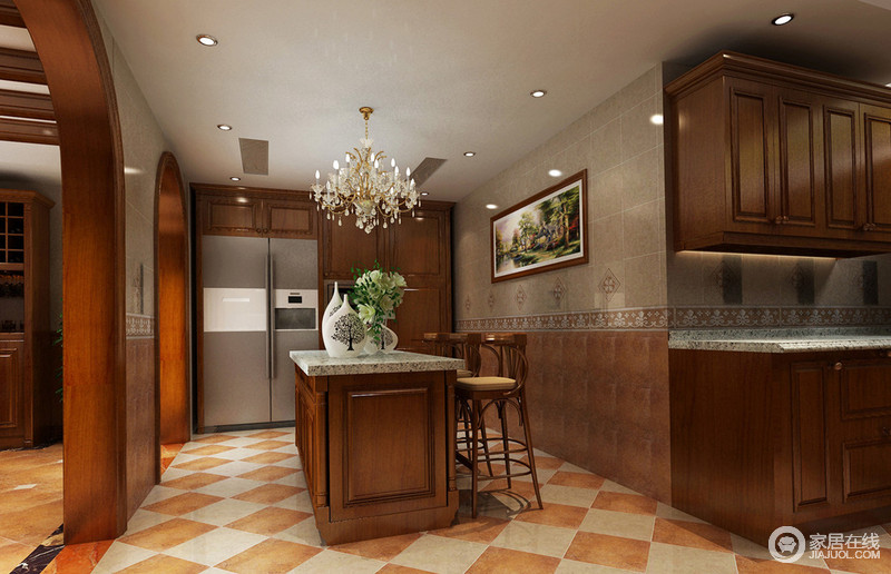 厨房宽敞至极，蕴含多个操作区域，棕色木质橱柜符合整体空间调性，营造风格上的统一。搭配同色系的大理石，营造出质朴、闲适的烹饪环境。木质搭出的拱形门，既作为装饰，也划分了空间感。
