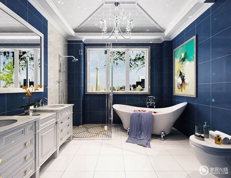 卫生间功能分明的区域，在干湿分离的基础上，增加了浴缸，满足主人不同的沐浴方式；蓝色瓷砖搭配白色吊顶和盥洗柜，营造 一个清新的美式格调，打破了以往卫生间的沉闷。