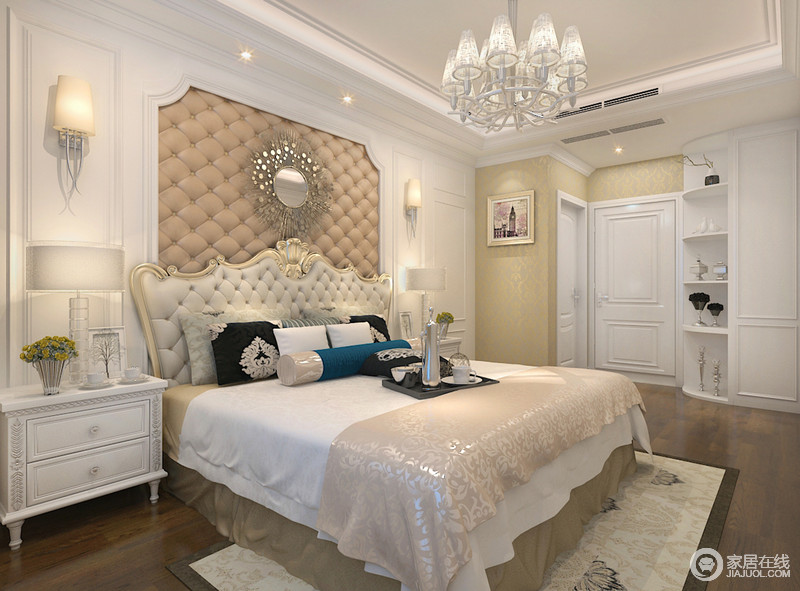 淡色常常能打造出柔美和温馨的空间，质感上乘的床品，增加了空间的贵气感。