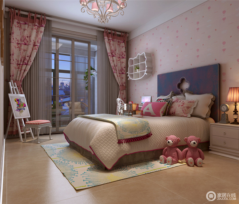 女孩子的房间里最常用的便是粉红色系，营造出轻甜的梦幻感。墙壁与布艺上的图案印花，演绎出浪漫的空间节奏，墙饰、双人床及玩物的卡通造型，使空间甜美中不失童趣感。