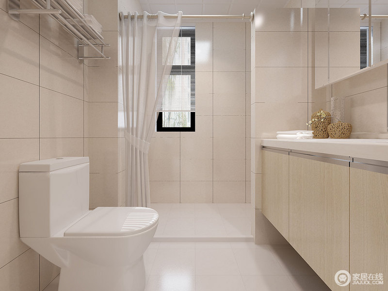 利用乳色方砖铺贴卫浴间，除了光泽度外，空间的通风性也是值得注意的事项；简式盥洗台没有占用太多空间，却将实用坚持到底。