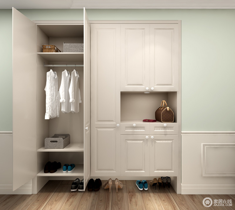 左侧空间借用衣柜单元形式，为常用衣物加入挂衣区层板，外置的置物区，让收纳也变得更细致，十分方便。